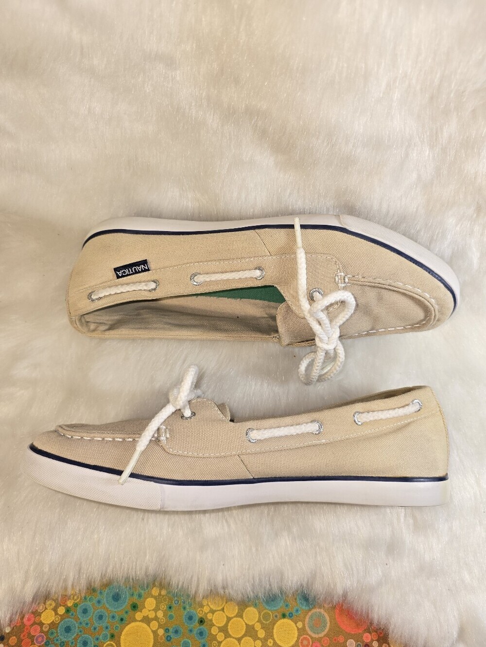 Nautica Women's Tan Canvas Slip-On Boat Shoes with Rope Laces